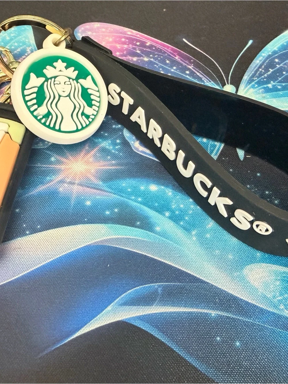 Starbucks Black Silicone Keychain Strap with Green Logo Charms